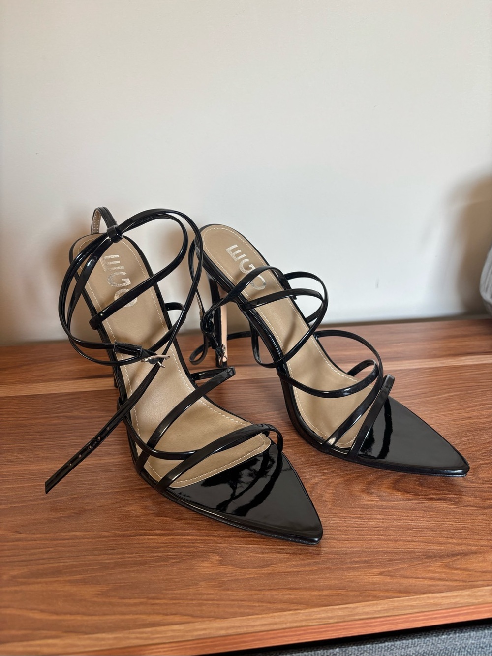 EGO Black Patent Strappy Pointed Heels